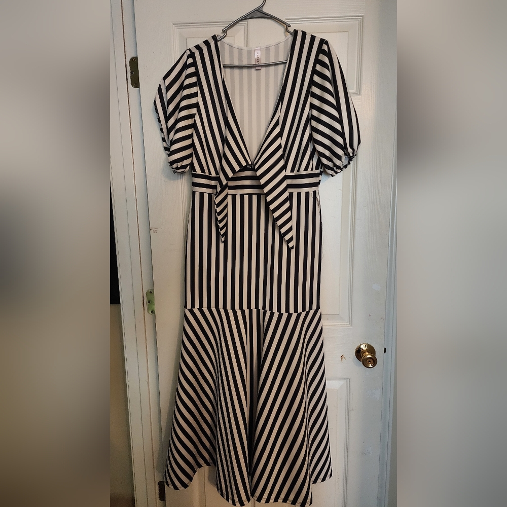 Black and White Striped Dress with Front Tie